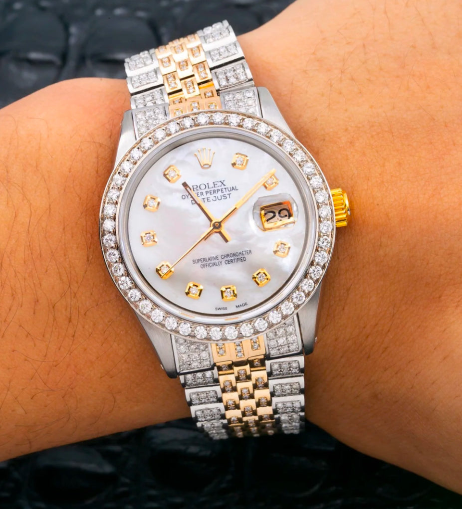 ROLEX DATEJUST 36MM 1601 MOTHER OF PEARL DIAMOND DIAL DIAMOND BEZEL TWO TONE FULL DIAMOND JUBILEE BRACELET