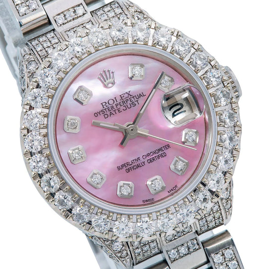 ROLEX DATEJUST 26MM 6916 PINK MOTHER OF PEARL DIAMOND DIAL DIAMOND BEZEL FULL DIAMOND OYSTER BRACELET 6.95CT