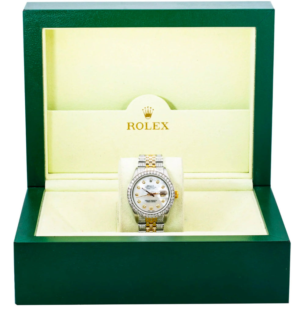 ROLEX DATEJUST 36MM 1601 MOTHER OF PEARL DIAMOND DIAL DIAMOND BEZEL TWO TONE FULL DIAMOND JUBILEE BRACELET