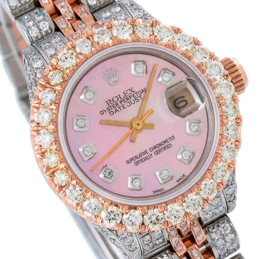 ROLEX DATEJUST 26MM 6917 PINK MOTHER OF PEARL DIAMOND DIAL DIAMOND BEZEL TWO TONE FULL DIAMOND JUBILEE BRACELET 7.25CT