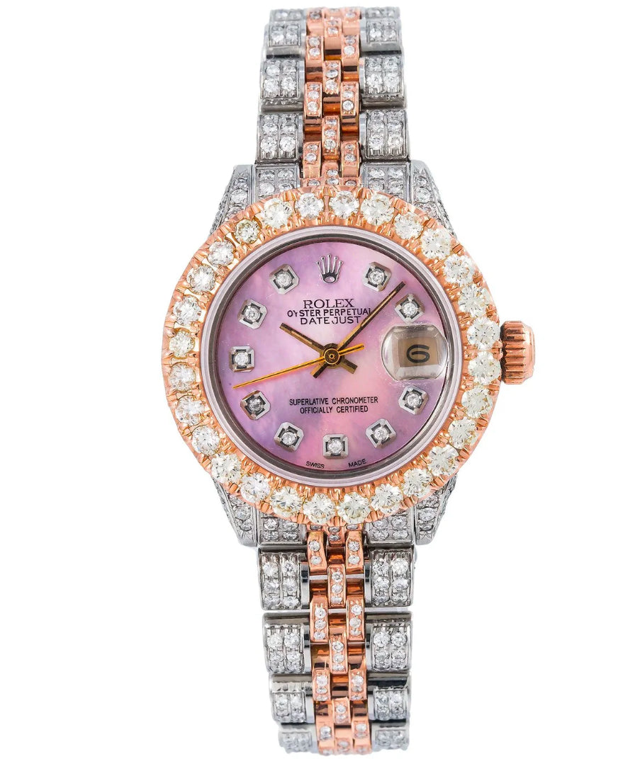 ROLEX DATEJUST 26MM 6917 PINK MOTHER OF PEARL DIAMOND DIAL DIAMOND BEZEL TWO TONE FULL DIAMOND JUBILEE BRACELET 7.25CT