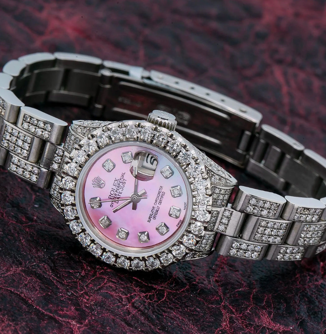 ROLEX DATEJUST 26MM 6916 PINK MOTHER OF PEARL DIAMOND DIAL DIAMOND BEZEL FULL DIAMOND OYSTER BRACELET 6.95CT