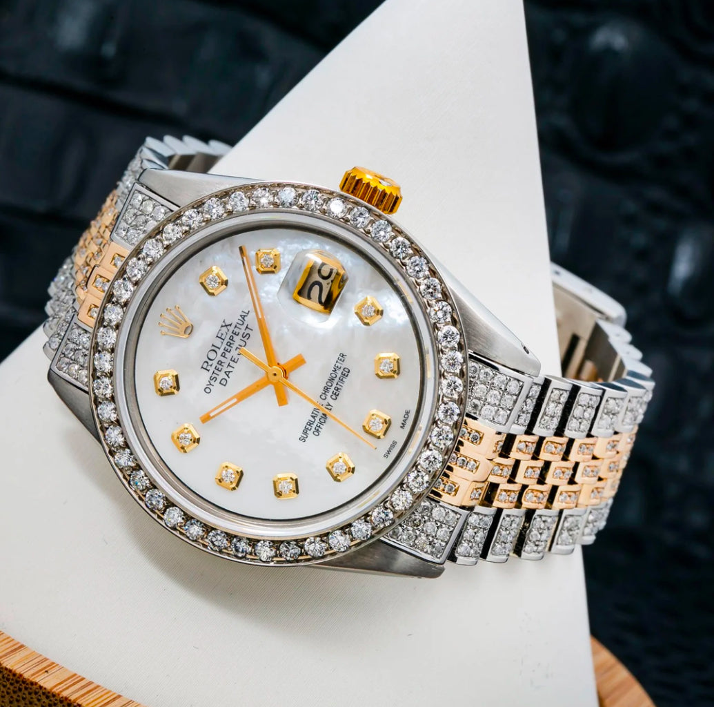 ROLEX DATEJUST 36MM 1601 MOTHER OF PEARL DIAMOND DIAL DIAMOND BEZEL TWO TONE FULL DIAMOND JUBILEE BRACELET