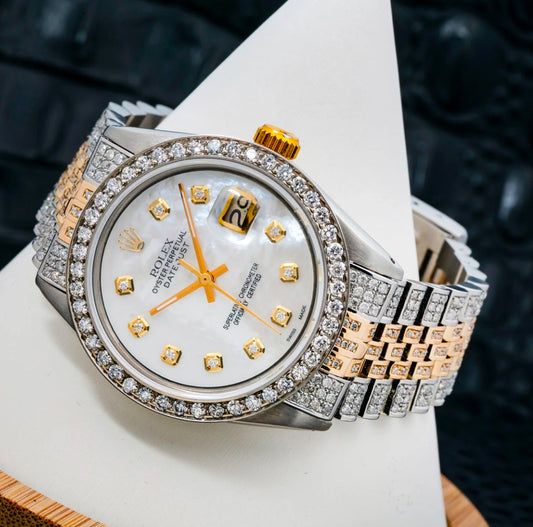 ROLEX DATEJUST 36MM 1601 MOTHER OF PEARL DIAMOND DIAL DIAMOND BEZEL TWO TONE FULL DIAMOND JUBILEE BRACELET