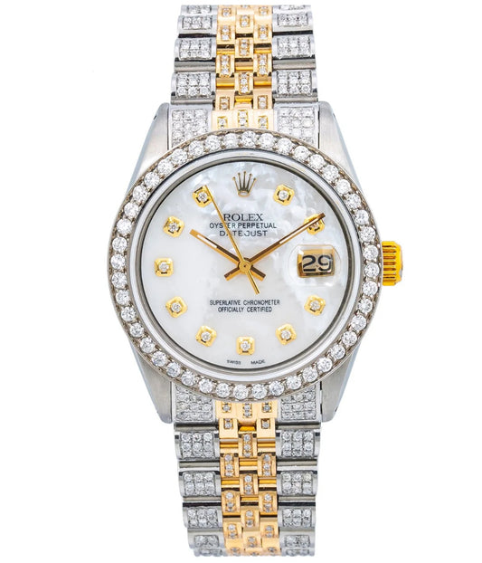 ROLEX DATEJUST 36MM 1601 MOTHER OF PEARL DIAMOND DIAL DIAMOND BEZEL TWO TONE FULL DIAMOND JUBILEE BRACELET