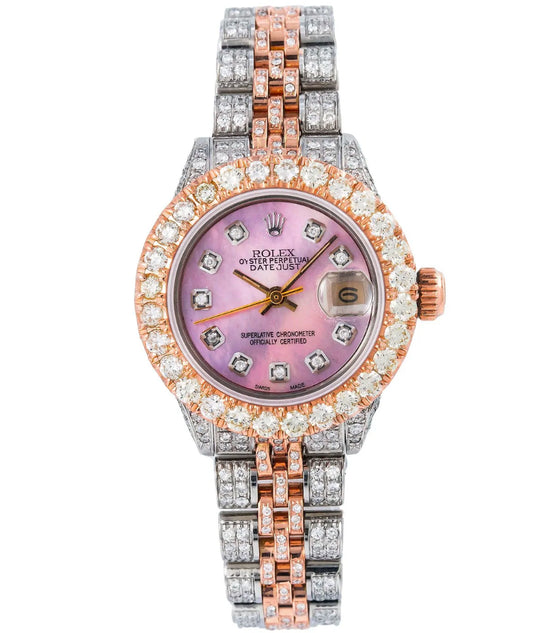 ROLEX DATEJUST 26MM 6917 PINK MOTHER OF PEARL DIAMOND DIAL DIAMOND BEZEL TWO TONE FULL DIAMOND JUBILEE BRACELET 7.25CT