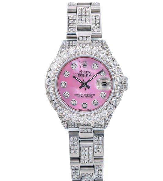 ROLEX DATEJUST 26MM 6916 PINK MOTHER OF PEARL DIAMOND DIAL DIAMOND BEZEL FULL DIAMOND OYSTER BRACELET 6.95CT